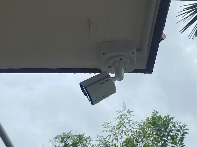 Hikvision outdoor bullet camera mounted on eave
